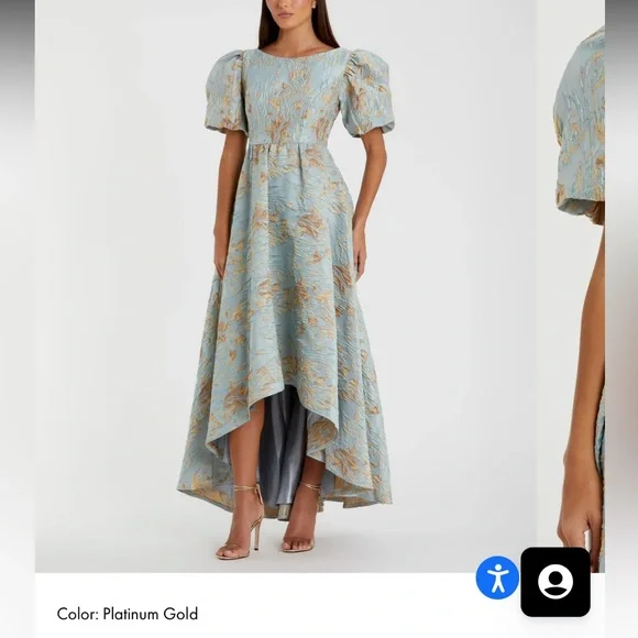 Mac Duggal Blue Brocade Puff Sleeve High Low Gown NWT - Picture 2 of 5